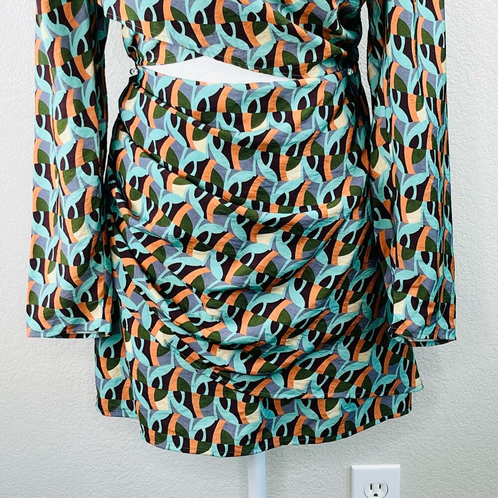 Topshop Geometric Cutout Mini Dress Green Orange Retro 70s Mod Festival 6 NWOT - Picture 9 of 15